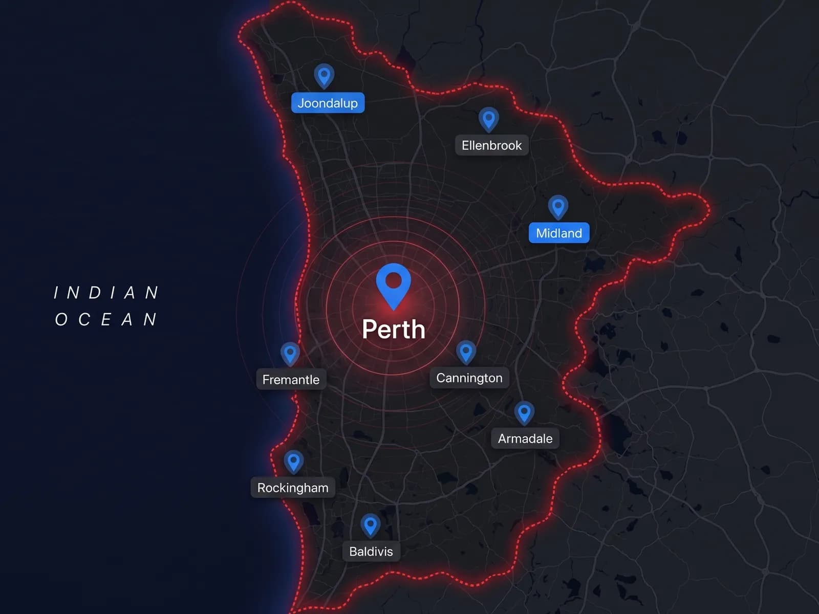 Map of the Perth metro area covered by Elite Garage Doors Perth, from the northern suburbs to the south